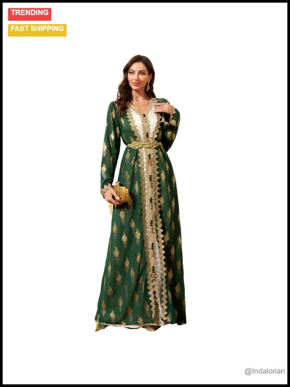Elegant Gold Embroidered Modest Maxi Dress Kaftan Abaya Formal M